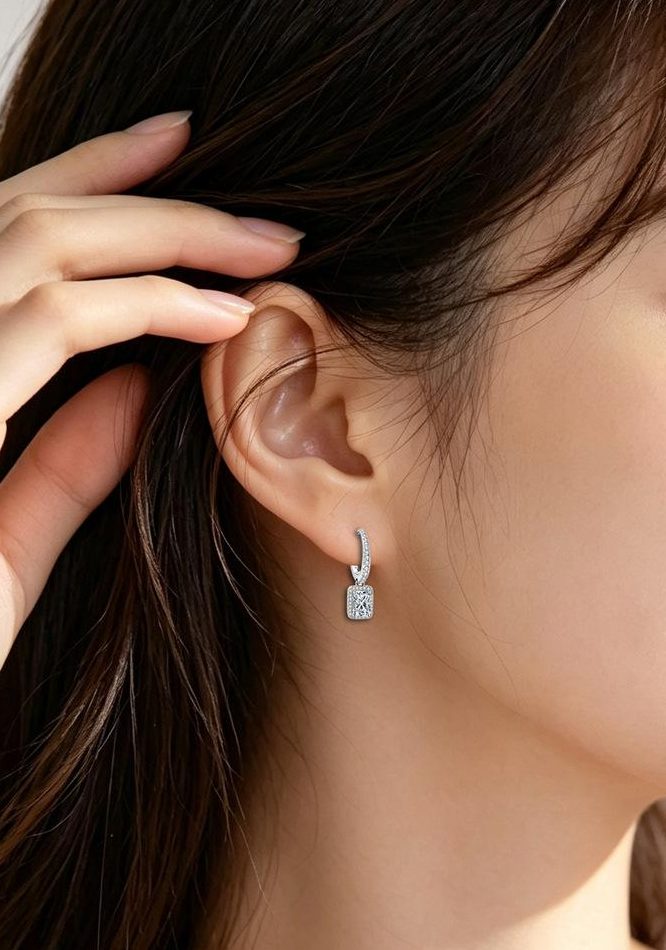 Rectangle Halo Drop Earrings - model